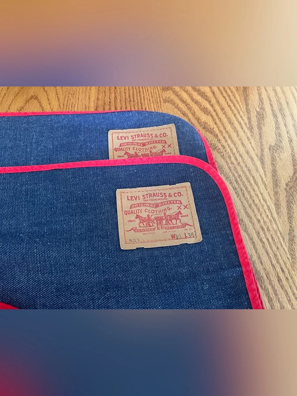 Two Levi's Blue Denim Placemats with Red Trim and Napkins